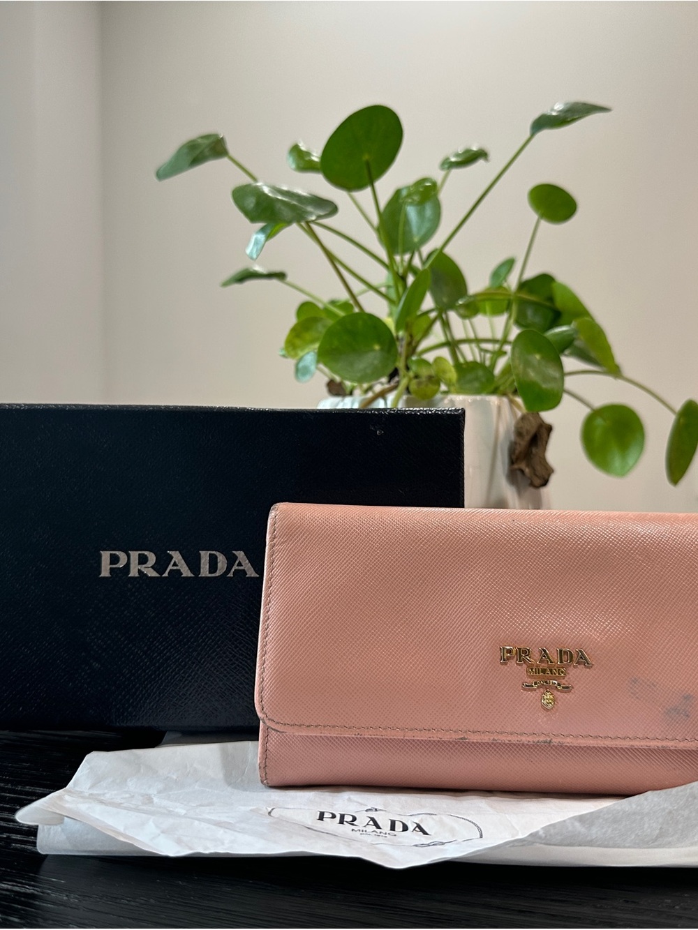 Prada Pink Saffiano Leather Long Wallet with Gold Logo